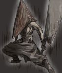  1boy fighting_stance helmet left-handed male_focus monster muscle pyramid_head shirtless silent_hill silent_hill_(movie) silent_hill_2 solo sword tagme weapon 