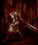  1boy blood helmet male_focus monster muscle pyramid_head silent_hill silent_hill_2 solo sword weapon 