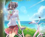  1girl bicycle brown_hair drinking hair_ornament highres ji_dan ocean original outdoors shirt skirt sky solo water white_shirt 