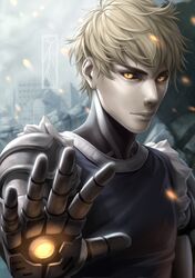  1boy aiming_at_viewer black_sclera blonde_hair cyborg embers genos glowing highres kotikomori male_focus onepunch_man signature solo tank_top upper_body yellow_eyes 