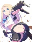  1girl aiming black_legwear black_skirt blonde_hair blue_bowtie bowtie brown_shoes bullet dual_wielding finger_on_trigger gun highres hisho_collection holding_gun holding_weapon kneehighs loafers long_hair looking_away looking_to_the_side midriff miniskirt nagisa_kurousagi navel original outstretched_arms pleated_skirt school_uniform serafuku shoes short_sleeves simple_background skirt solo spread_arms torn_clothes upshirt upskirt weapon white_background white_blouse 