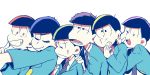  6+boys :t ;3 black_hair brothers choromatsu closed_eyes formal ichimatsu jitome jyushimatsu karamatsu male_focus messy_hair multiple_boys one_eye_closed osomatsu-kun osomatsu-san osomatsu_(osomatsu-kun) pile-up sextuplets siblings simple_background smile suit sweatdrop todomatsu upper_body wall-eyed white_background 