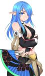  1girl bare_shoulders blue_eyes blue_hair breasts bridal_gauntlets cleavage detached_sleeves fan hair_over_one_eye halter_top halterneck highres hip_vent long_hair looking_at_viewer navel original phantasy_star phantasy_star_online_2 pointy_ears ryou@ryou sidelocks simple_background smile solo white_background 