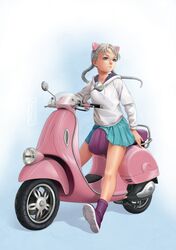  1girl animal_ears blue_eyes braid cat_ears fake_animal_ears full_body grey_hair highres hoodie kotikomori miniskirt motor_vehicle original pleated_skirt scooter signature sitting skirt solo sweater twin_braids vehicle vespa 