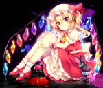  1girl :o black_background blonde_hair blood chestnut_mouth flandre_scarlet flower from_side full_body highres kurisu_sai mary_janes red_eyes rose shoes simple_background sitting skirt socks solo stuffed_animal stuffed_bunny stuffed_toy touhou white_legwear wings 