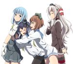  4girls :d ^_^ amatsukaze_(kantai_collection) black_hair blue_eyes blue_hair blush breasts brown_dress brown_eyes brown_hair closed_eyes commentary_request dress from_side gloves grey_skirt hair_ornament hair_tubes hairband hands_on_another&#039;s_back hatsukaze_(kantai_collection) headgear kantai_collection leaning_forward long_hair long_sleeves looking_back lowleg_pantyhose multiple_girls open_mouth pantyhose pleated_skirt pushing sailor_dress school_uniform seamed_legwear serafuku shirt short_dress short_hair short_hair_with_long_locks short_sleeves side-seamed_legwear silver_hair simple_background single_glove skirt small_breasts smile thigh-highs tied_shirt toho-77 tokitsukaze_(kantai_collection) two_side_up vest walking white_background white_gloves white_hair windsock yukikaze_(kantai_collection) 