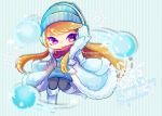  1girl blonde_hair chibi earmuffs hat league_of_legends mizoreame snow snowball solo syndra violet_eyes winter_clothes 
