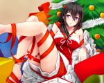  1girl ahoge beifeng_han black_hair candy candy_cane christmas christmas_tree hair_between_eyes hair_ornament long_hair miyaura_sanshio open_mouth original solo violet_eyes 