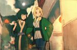  2girls black_hair blonde_hair cellnpa facial_mark forehead_mark japanese_clothes long_hair multiple_girls naruto shizune_(naruto) short_hair tsunade 