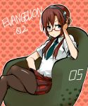  brown_hair chair couch crossed_legs evangelion:_2.0_you_can_(not)_advance glasses hairband headband heart makinami_mari_illustrious necktie neon_genesis_evangelion pantyhose plaid rebuild_of_evangelion sabo_(fuya_2) school_uniform sitting skirt smile solo twintails 