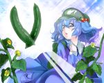  backpack bag blue_eyes blue_hair cucumber flower hair_bobbles hair_ornament hat ituka kawashiro_nitori short_hair solo touhou twintails 