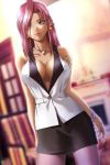  breasts cleavage earrings erect_nipples necklace pink_hair skirt tattoo 