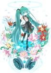  aqua_eyes aqua_hair detached_sleeves flower hatsune_miku headphones highres katou_kouki long_hair microphone necktie rororo skirt smile solo speaker thigh-highs thighhighs twintails very_long_hair vocaloid 