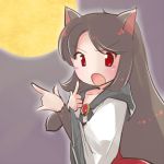  1girl \m/ animal_ears bishoujo_senshi_sailor_moon blush blush_stickers brooch brown_hair collarbone full_moon fur imaizumi_kagerou jewelry layered_dress long_hair long_sleeves looking_at_viewer moon open_mouth parody pointing pointing_at_viewer red_eyes sailor_moon simple_background solo tail touhou tsuki_ni_kawatte_oshioki_yo uriah-oyu wolf_ears wolf_tail 