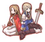  agrias_oaks armor bad_id blonde_hair blush boots braid brown_eyes brown_hair cape dress final_fantasy final_fantasy_tactics gloves green_eyes knight kou_(artist) kou_(garakuta_teikoku) long_hair multiple_girls oekaki ovelia_atkascha side_braid single_braid sitting smile sword weapon 