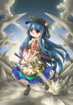  bad_id blue_hair boots food fruit hat hinanawi_tenshi long_hair peach red_eyes solo sword sword_of_hisou touhou weapon 