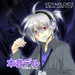 ahoge albino caffein cigarette clenched_teeth constricted_pupils headphones headset honne_dell male name_tag necktie nervous open_collar ponytail red_eyes shirt short_hair silver_hair smoking sneer solo vocaloid voyakiloid zoom_layer 
