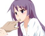  blue_eyes blush finger_suck finger_sucking long_hair monogatari_(series) purple_hair senjougahara_hitagi shiratori_serano 