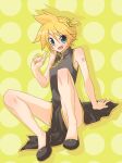  aqua_eyes bell between_thighs blonde_hair cat_bell china_dress chinadress chinese_clothes crossdressing crossdressinging domoki_kenji dutch_angle fang hair_bell hair_ornament jingle_bell kagamine_len male nail_polish open_mouth pointing reclining shadow smile solo tattoo trap vocaloid 