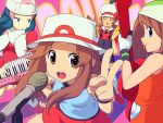  4girls band bandana beanie blue_(pokemon) cymbals guitar haruka_(pokemon) haruka_(pokemon)_(remake) hat hat_ribbon hikari_(pokemon) hikari_(pokemon)_(remake) instrument keyboard_(instrument) kotone_(pokemon) leaf_(pokemon) microphone microphone_stand multiple_girls parody pokemon pokemon_(game) pokemon_dppt pokemon_frlg pokemon_hgss pokemon_rse porkpie_hat red_ribbon ribbon v yagitori 