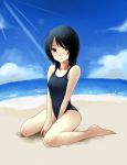  beach black_hair brown_eyes highres hinnu@ao kneeling long_hair one-piece_swimsuit original solo swimsuit 