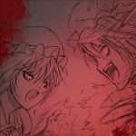  battle blood constricted_pupils eye_contact flandre_scarlet hat mitsuki_yuuya monochrome multiple_girls open_mouth red_eyes remilia_scarlet scream screaming short_hair siblings sisters spot_color touhou 
