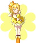  armband blonde_hair boots choker clover collarbone cure_pine earrings four-leaf_clover fresh_precure! fresh_pretty_cure! frills hair_ribbon heart highres jewelry kani_get magical_girl miniskirt petticoat precure pretty_cure ribbon side_ponytail skirt solo standing wink yamabuki_inori yellow_eyes 
