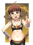  bad_id blush braid brown_hair cool_&amp;_sexy_(idolmaster) glasses idolmaster jewelry midriff navel necklace pointing takemasa twin_braids 