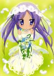  absurdres blue_eyes blush bouquet bridal_veil bride dress flower frown highres hiiragi_kagami lavender_hair looking_away lucky_star ueno_chiyoko veil wedding_dress 