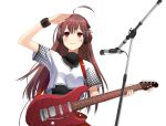  1girl ahoge brown_hair guitar headphones instrument long_hair microphone microphone_stand red_eyes shiden simple_background solo soloist_(guitar) studio_microphone wristband 