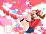  1girl blush bow brown_eyes brown_hair cabbie_hat hat hat_ribbon kotone_(pokemon) nintendo overalls pokemon pokemon_(game) pokemon_gsc red_ribbon ribbon solo thighhighs title_drop twintails 