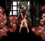  blood crazy creepy dress empty_eyes green_eyes green_hair hatsune_miku horiro long_hair red_dress rotten_girl_grotesque_romance_(vocaloid) sitting smile solo twintails very_long_hair vocaloid yandere 