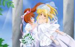  2girls blonde_hair fate_testarossa solwyvern takamachi_nanoha wedding_dress 
