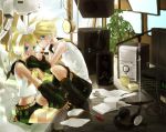  blonde_hair computer goni_hane hair_ornament hair_ribbon hairclip headphones kagamine_len kagamine_rin microphone ribbon short_hair shorts siblings speaker sweat twins vocaloid 