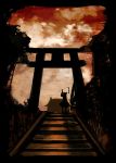  hakurei_reimu japanese_clothes kamin kuro_(catcap) miko scenery shrine stairs torii touhou 