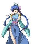   blue_hair china_dress chinese_clothes double_bun long_hair matsukura_nemu san_chin sangokushi_taisen simple_background twintails very_long_hair wink  