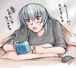  alarm_clock cellphone clock lowres on_stomach phone red_eyes rozen_maiden rozenweapon silver_hair suigintou t-shirt translated translation_request 