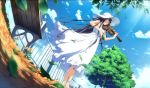 1girl bench closed_eyes cloud dress dutch_angle female fence from_below g_yuusuke game_cg glasses gyuusuke hat hatori_uta instrument leaf long_hair outdoors playing_instrument sky smile solo tapestry_-you_will_meet_yourself- tree uta_hatori violin white_dress white_hat wind 