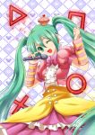  crown green_eyes green_hair hatsune_miku heart index_finger_raised long_hair microphone mini_crown open_mouth project_diva smile solo square striped twintails very_long_hair vocaloid w_rong wink 