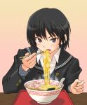  1girl amagami argon black_hair chopsticks eating food nanasaki_ai noodles ramen school_uniform short_hair solo 
