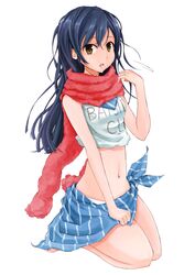  face idolmaster kisaragi_chihaya midriff miomio navel sarong scarf sitting swimsuit tankini 