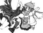  animal_ears bad_id bow closed_eyes dress fingernails hair_bow hat hitoshise hug long_fingernails long_hair long_nails monochrome multiple_girls mystia_lorelei nails reiuji_utsuho short_hair sketch skirt socks sundress touhou wings 