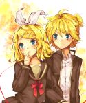  blue_eyes hair_ornament hair_ribbon hairclip highres kagamine_len kagamine_rin lalaoa red_string ribbon school_uniform serafuku short_hair siblings sweat twins vocaloid 