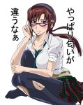   bandage blue_eyes brown_hair cleavage glasses makinami_mari_illustrious neon_genesis_evangelion pantyhose plaid skirt necktie torn_pantyhose twintails  