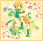  1girl brown_eyes brown_hair budew emunise flower grovyle gym_leader highres hug leafeon midriff natane_(pokemon) navel paws pokemon pokemon_(creature) pokemon_(game) pokemon_dppt roserade shorts smile tail turtwig 