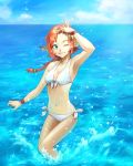  1girl animal_ears armpits bad_id beach bikini braid green_eyes iceojin orange_hair original side-tie_bikini smile solo swimsuit wading water wink 