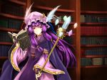  1girl bad_id blackwing_phoenix book crescent fingerless_gloves german gloves hat library long_hair patchouli_knowledge purple_eyes purple_hair solo staff touhou translated violet_eyes voile 