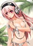  1girl bikini blush breasts hamoto headphones highres long_hair navel nitroplus pink_hair red_eyes side-tie_bikini smile solo super_sonico sweat swimsuit 