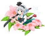  butterfly flower hairband highres katana kazukura konpaku_youmu sheath sheathed short_hair silver_hair solo sword touhou weapon 