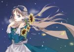  belarus_(hetalia) breath dress flower hair_ribbon long_hair mmsl2 night petals red_nose ribbon scarf silver_hair snow solo striped sunflower winter 